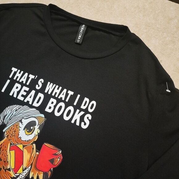 Noracora Black Graphic Owl Books Tea Long Sleeve Shirt #5 - Picture 2 of 5